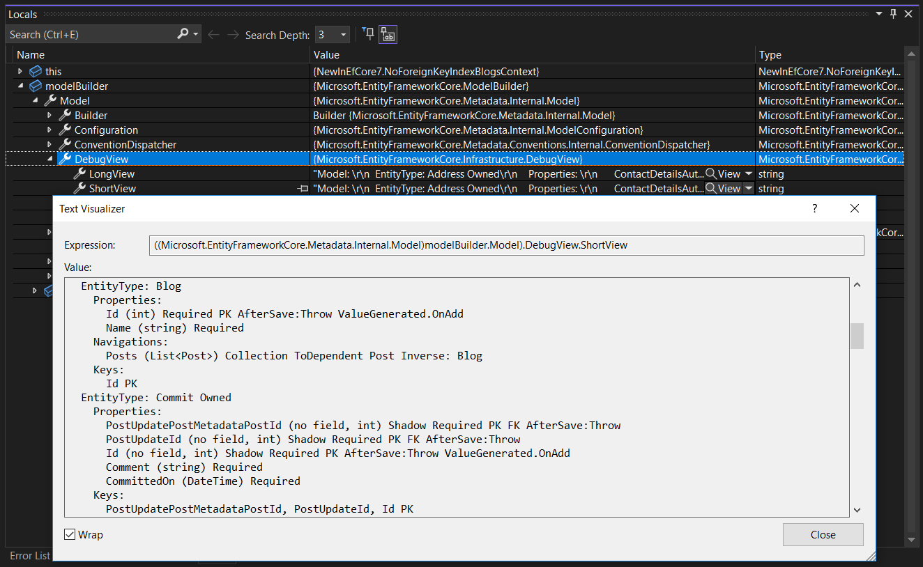 Accessing the model builder debug view from the Visual Studio debugger