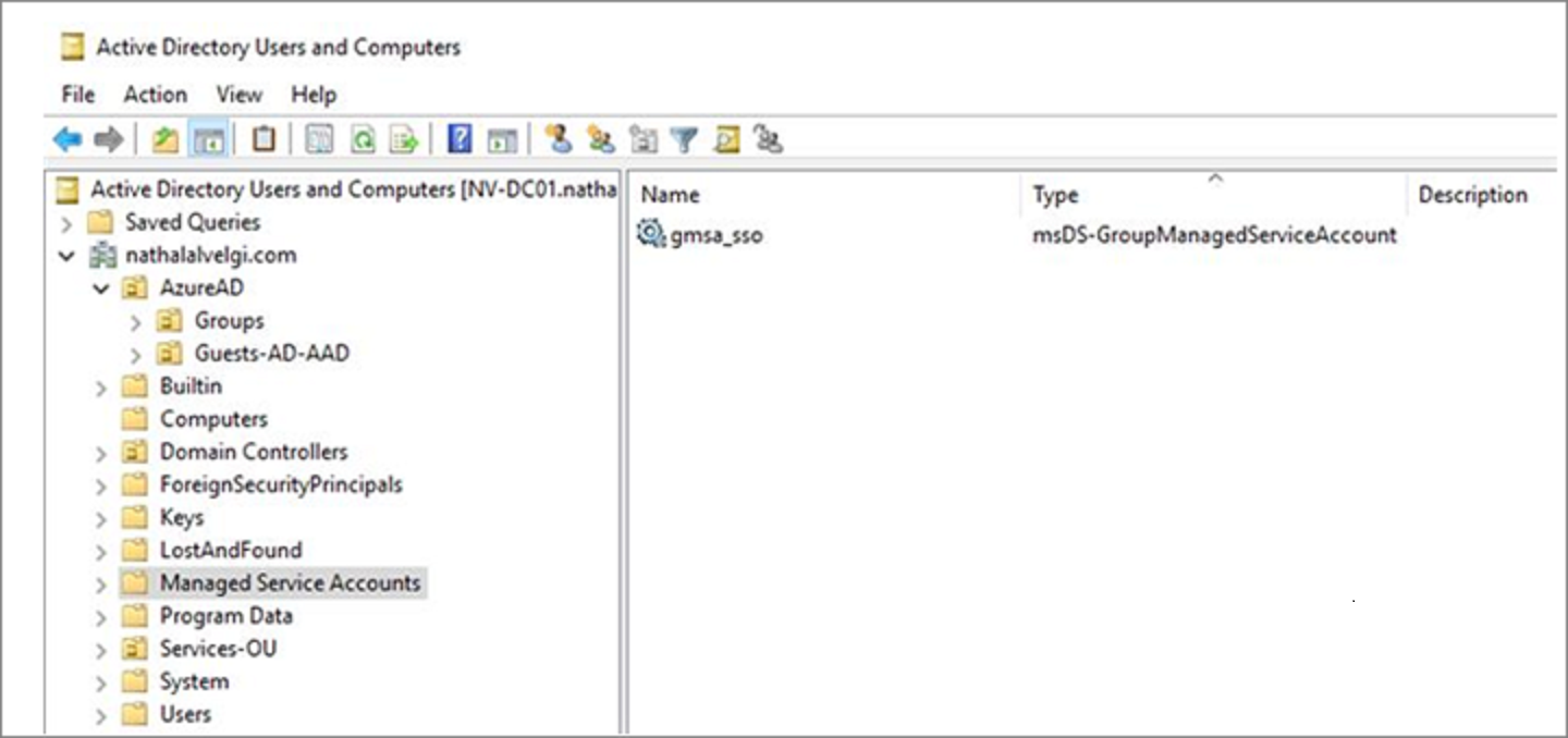 Screenshot of a gMSA in the Managed Service Accounts container.