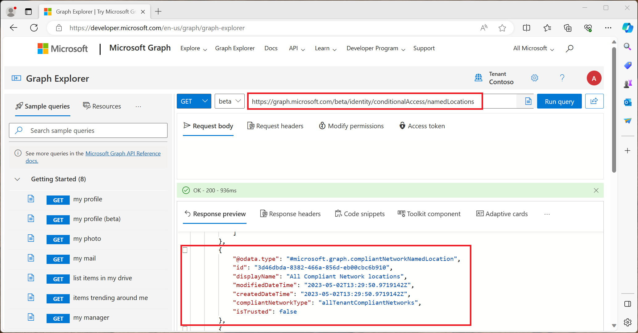 Screenshot showing Graph Explorer results of query