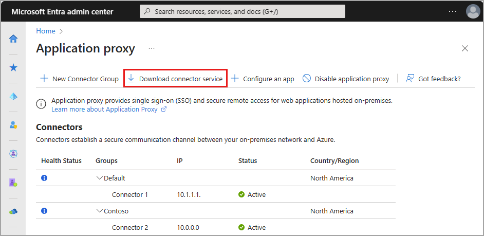 Screenshot of the Download connector service button in the App proxy page.