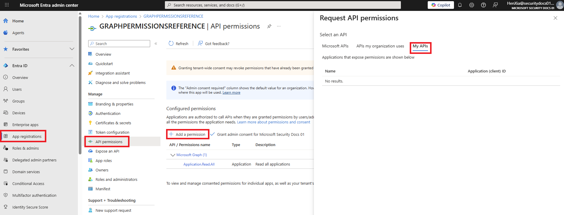 Screenshot with highlighted buttons of App registrations, API permissions, Add a permission and My APIs to enable the user to request API permissions.