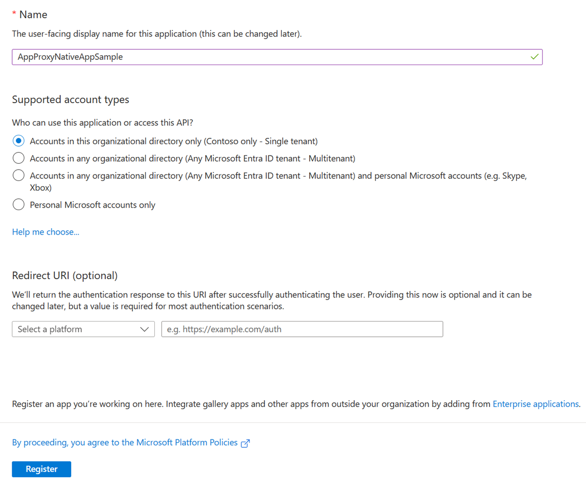 App registration form showing AppProxyNativeAppSample configuration.