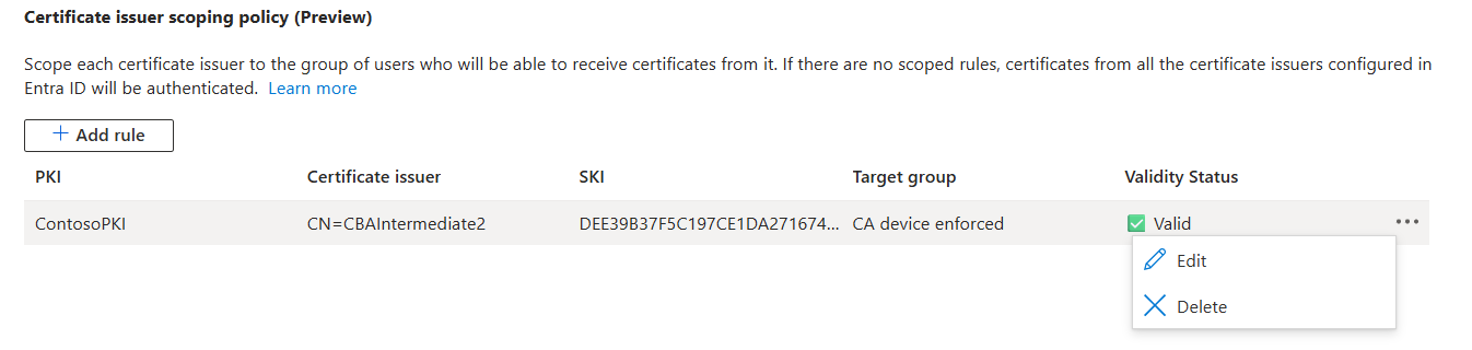 Screenshot that shows how to edit or delete in CA scoping.
