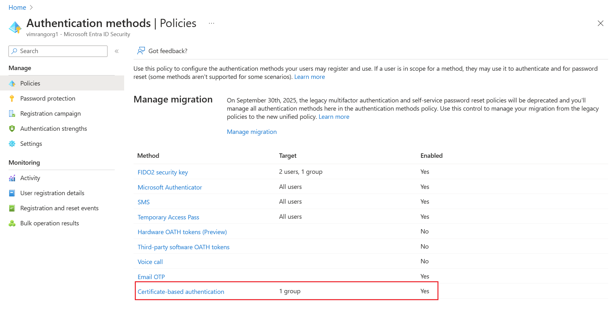 Screenshot of Authentication policy.