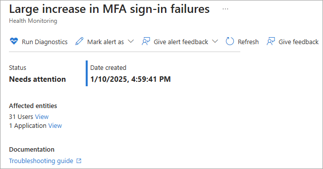 Screenshot of the affected entities for an active alert.