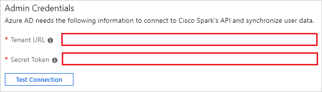 Screenshot of the Admin Credentials section. The Tenant U R L and Secret token boxes are highlighted but are empty.