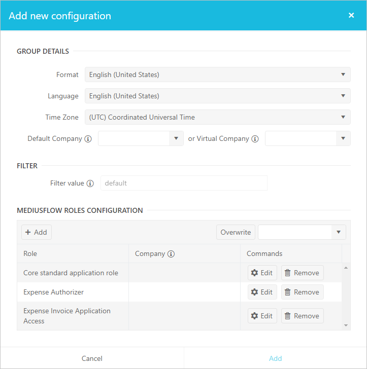 Screenshot of the MediusFlow Add new configuration window. Many settings are visible, including locale settings, a filter, and user roles.