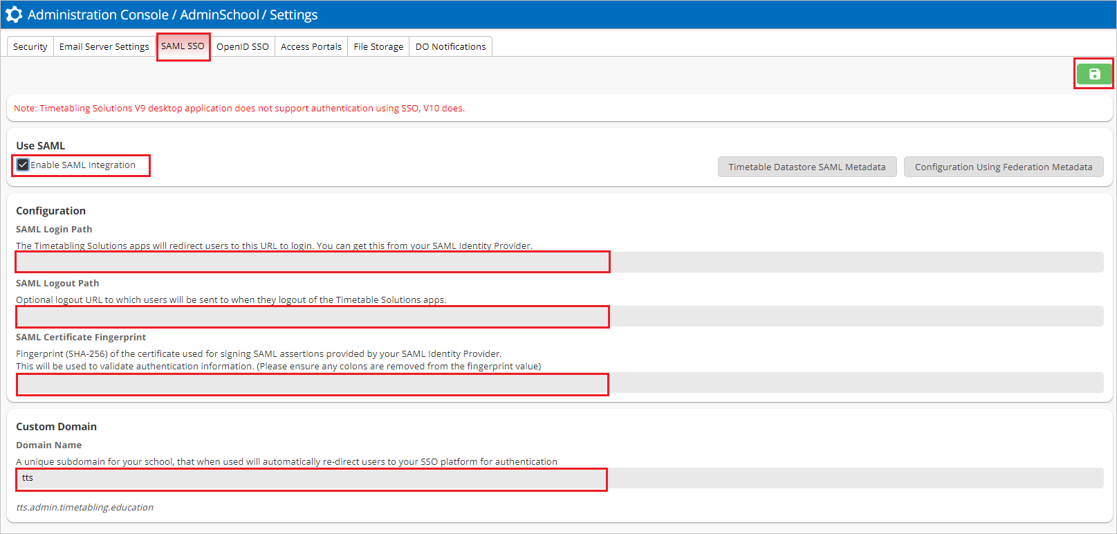 Screenshot for SSO settings.