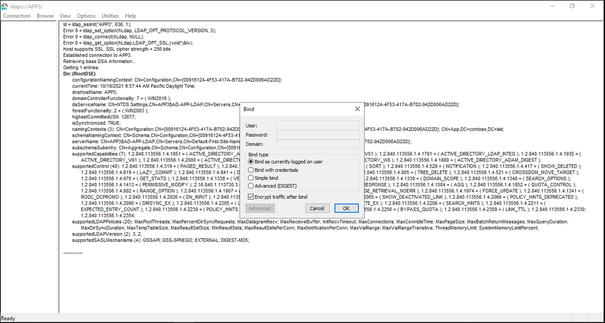 Screenshot that shows the Ldp tool bind operation.