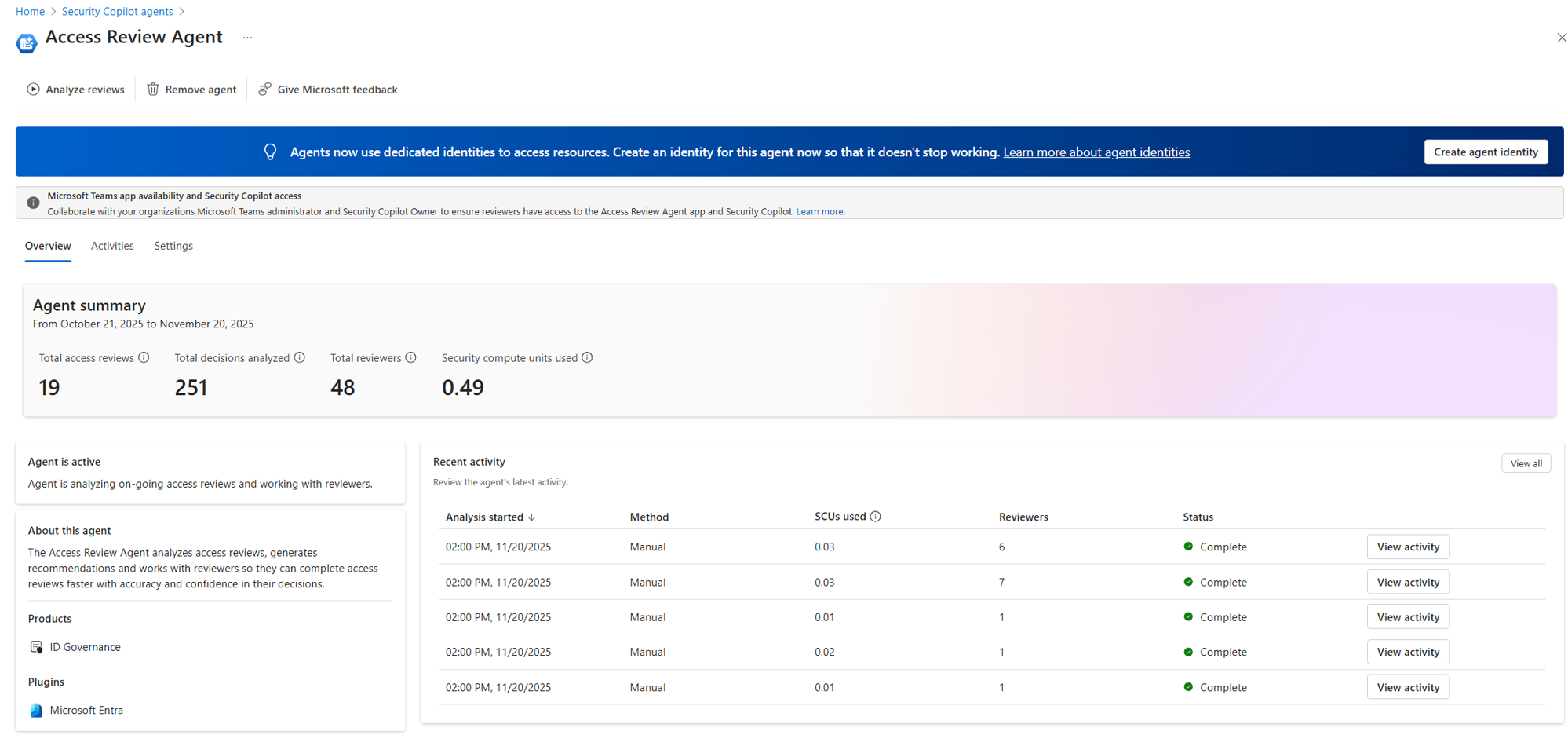Screenshot of creating agent identity in access review agent portal.
