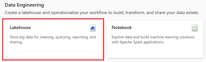 Screenshot showing the Lakehouse option in the Data Engineering Create page.