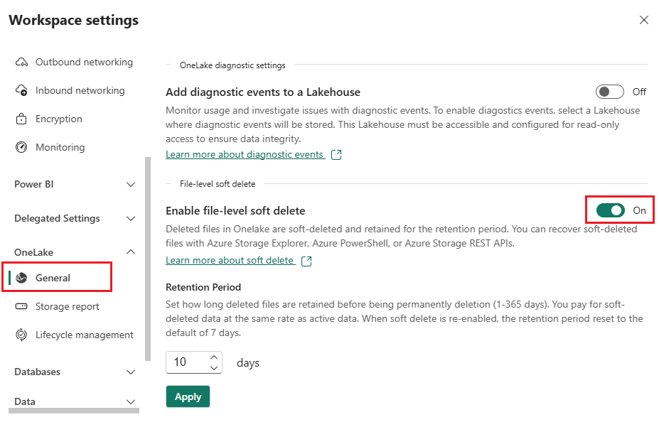 Screenshot of the Fabric portal that shows enabling file-level soft delete in Workspace settings.