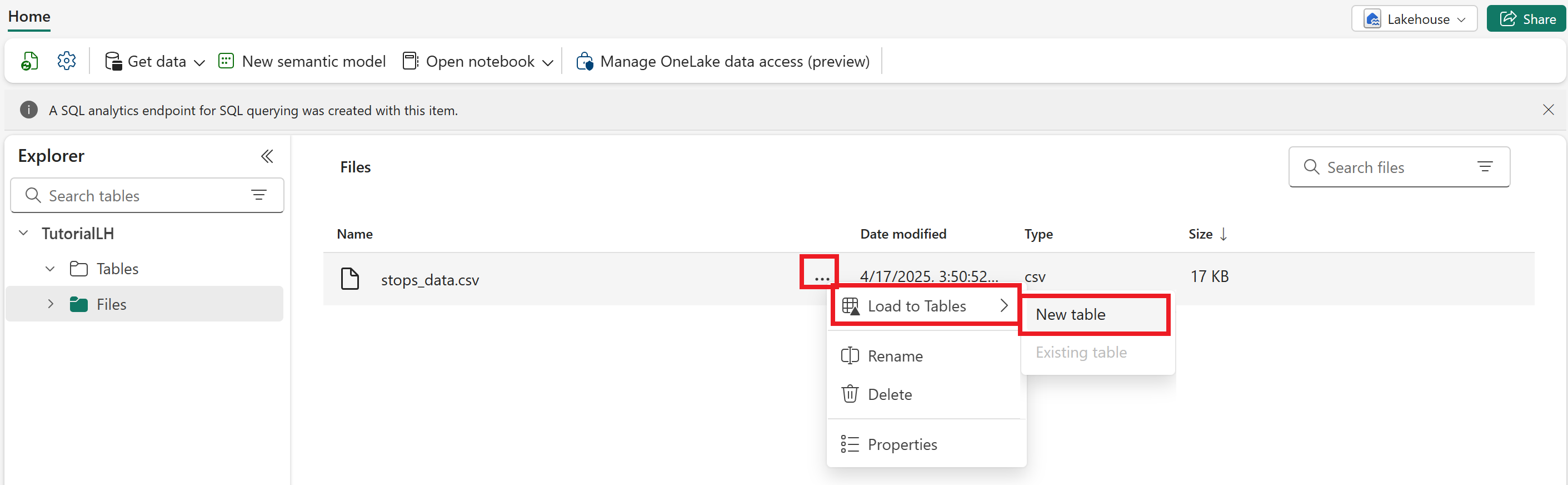 Screenshot of Microsoft Fabric, selecting the Load to Tables option.