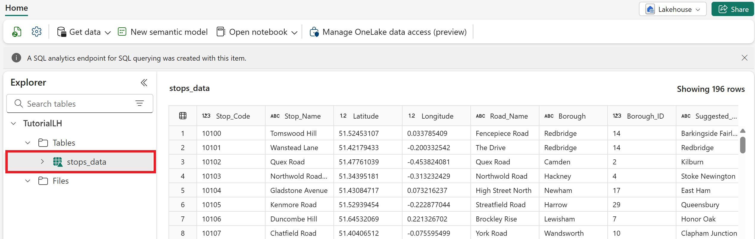 Screenshot of the stops_data table with data.