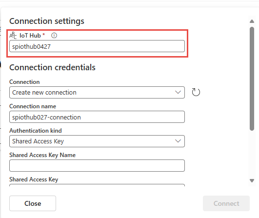 Screenshot that shows connection settings with the name of an IoT hub.