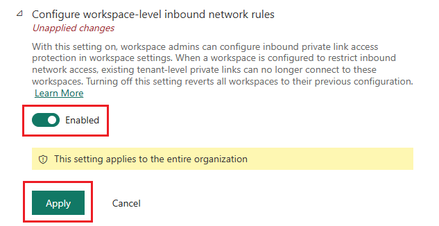Screenshot showing the toggle enabled for inbound network rules.