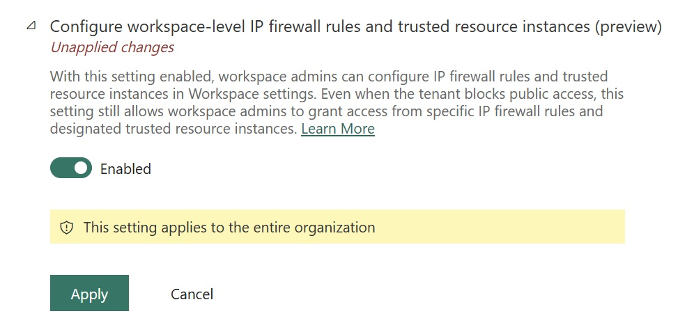 Screenshot showing the toggle enabled for IP firewall.