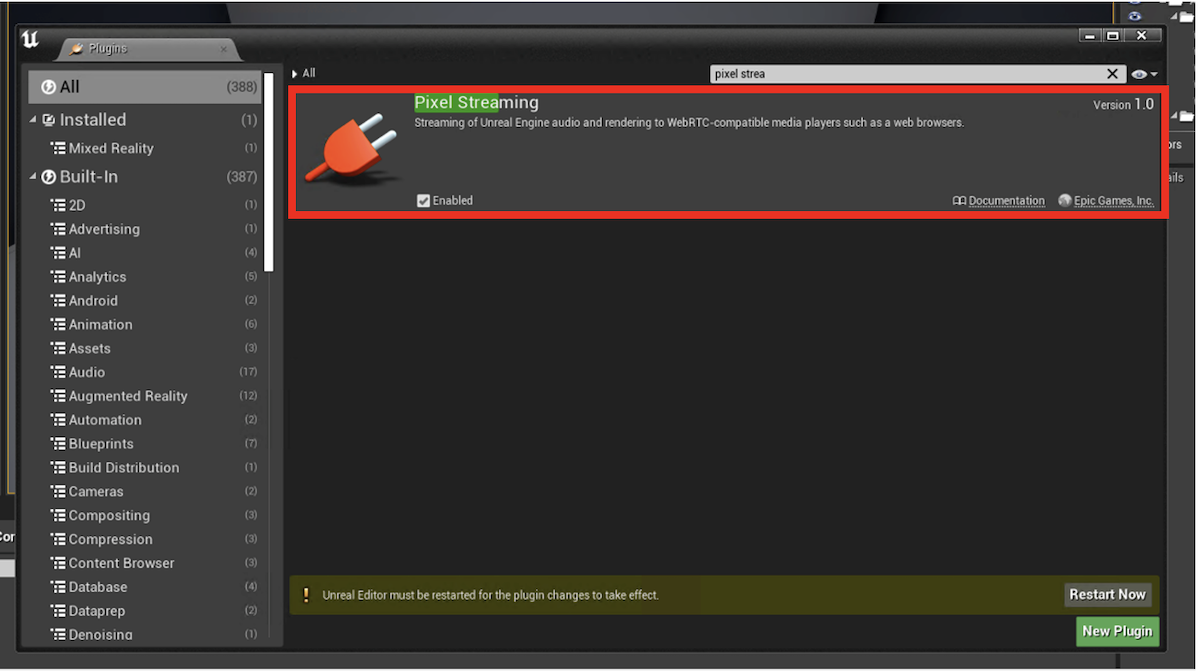 Screenshot showing the Pixel streaming plugin in the Unreal Editor