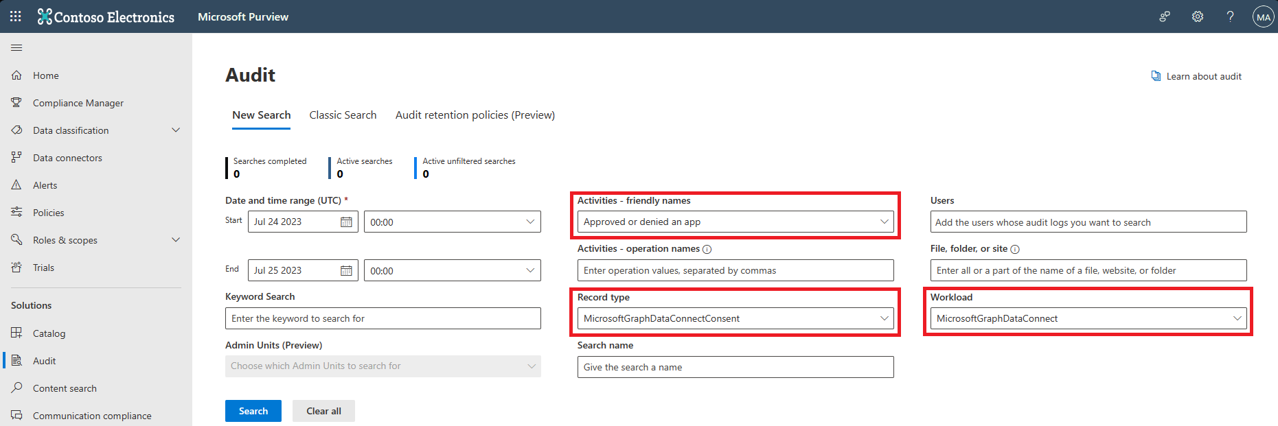 Screenshot showing a Microsoft 365 audit log sample page.