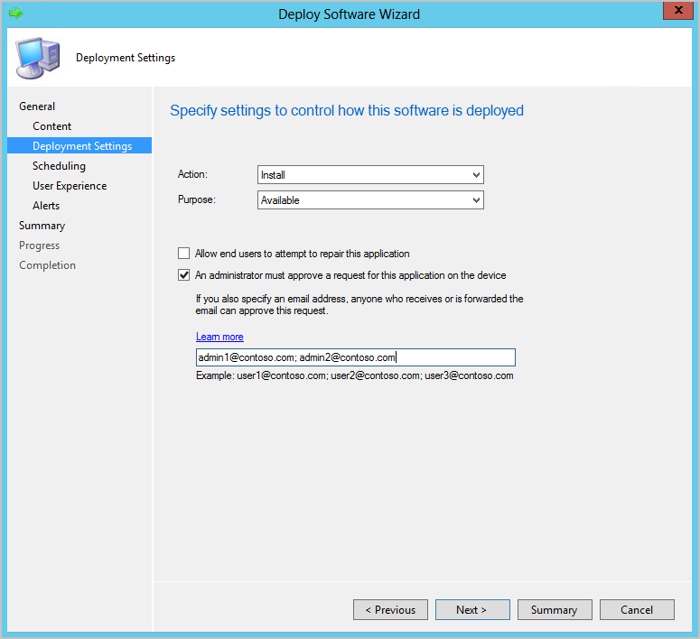 Deployment creation with approving admin email addresses