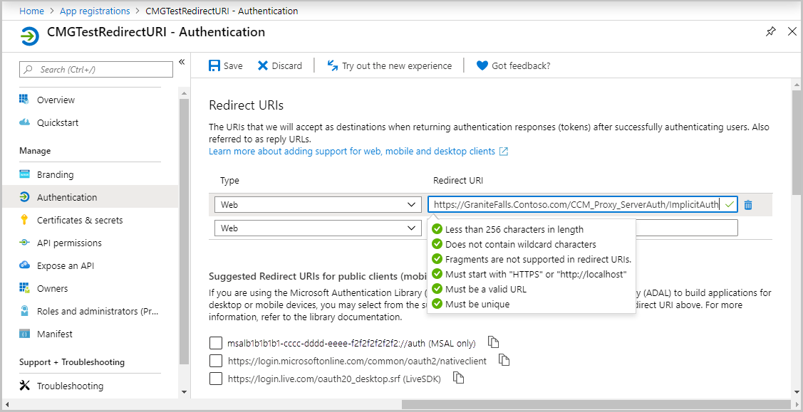 Azure portal showing redirect URI for the registered app