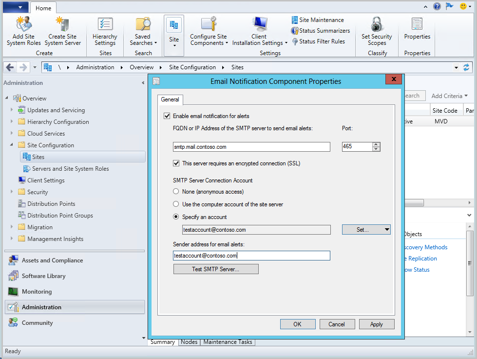 Email notification component properties in the Configuration Manager console