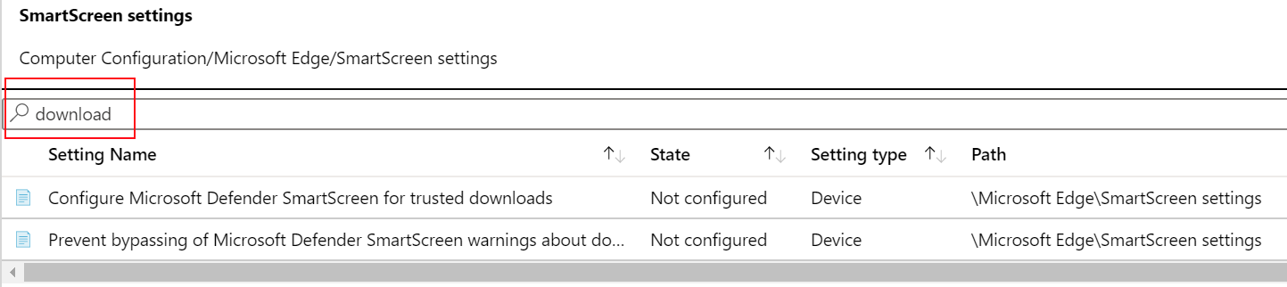 Screenshot that shows how to filter the Microsoft Edge SmartScreen policy settings in a Microsoft Intune ADMX template.