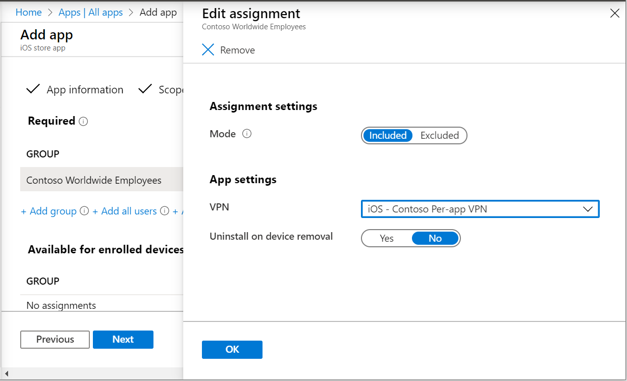 Two screenshots that show assigning an app to the per-app VPN profile in Microsoft Intune and Intune admin center.