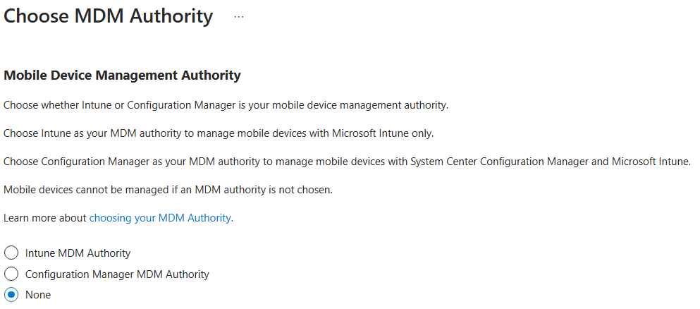 Screenshot of Intune set mobile device management authority screen