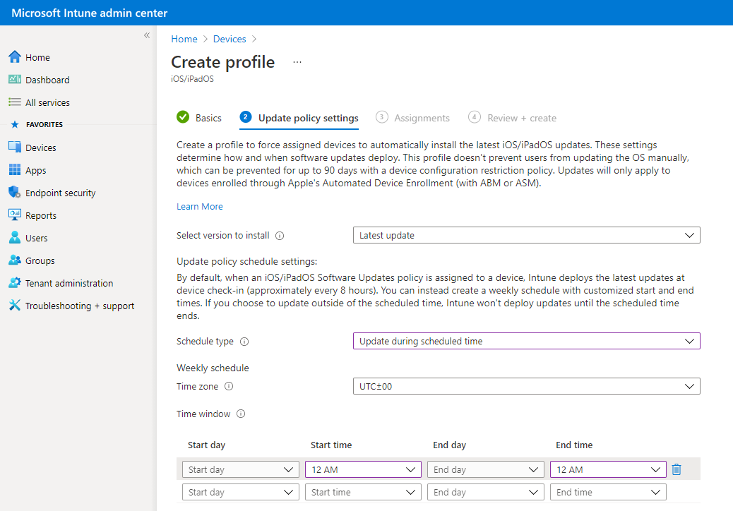 Screenshot that shows selecting to install an update during scheduled time in an update policy in Microsoft Intune.