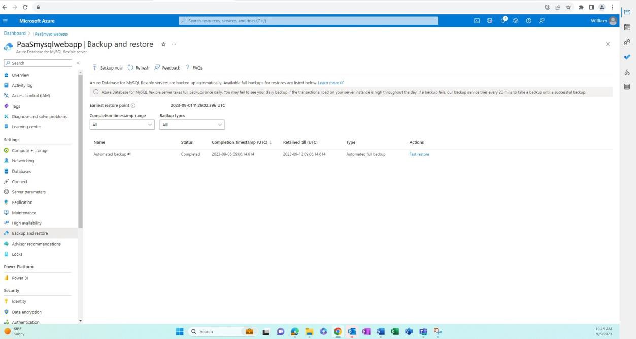 Azure backup and restore settings for MySQL.