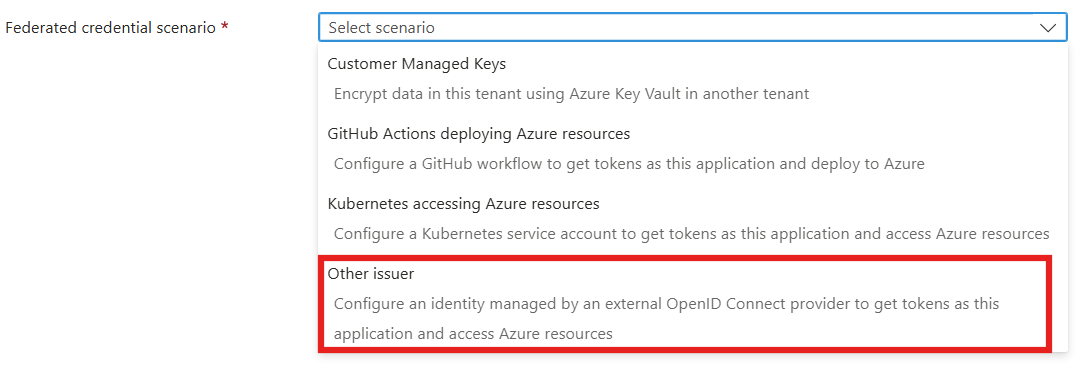 Screenshot of Entra Federated Identity Credentials scenario selection page.