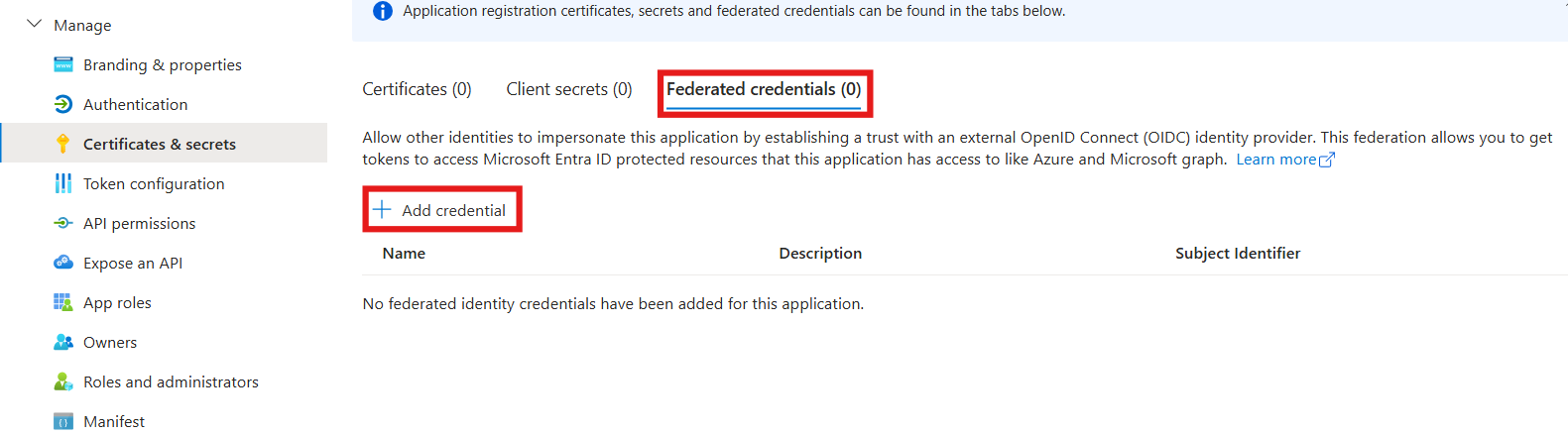 Screenshot of Entra Federated Identity Credentials panel.