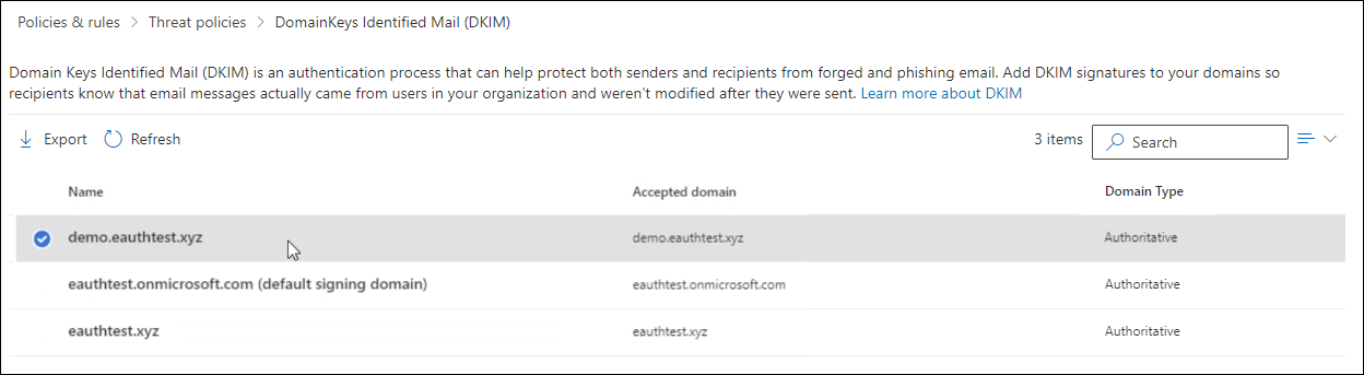 The DKIM page in the Microsoft 365 Defender portal with a domain selected
