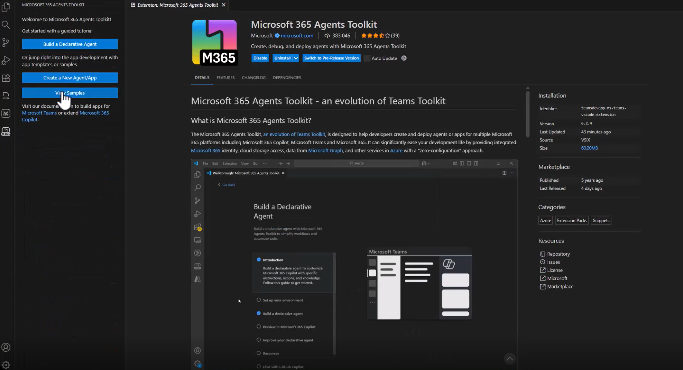 Screenshot of Toolkit Welcome View with Build a Declarative Agent, Create a New Agent or App, and View Samples options.
