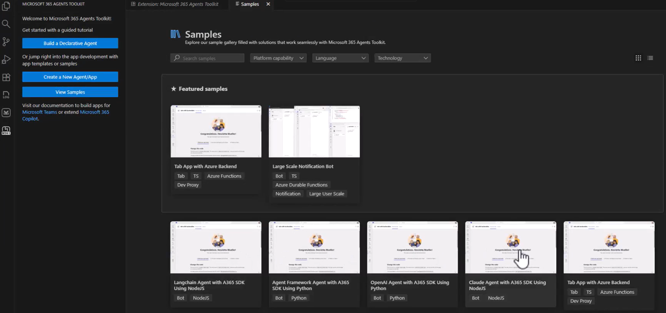 Screenshot of Agent toolkit samples. Claude sample focused.