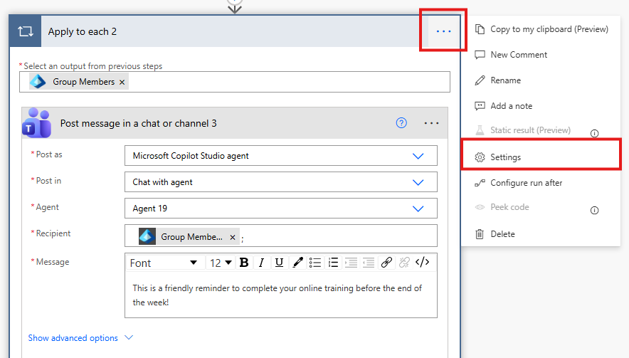 Screenshot of selecting settings.