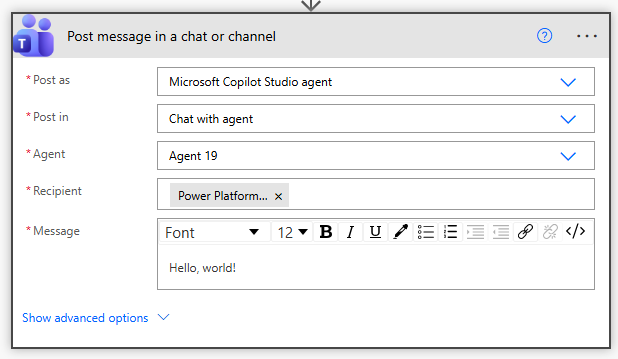 Post message action in Power Automate.