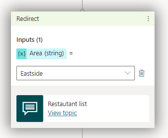 Screenshot of the authoring canvas showing literal input on an input variable in a redirect node.