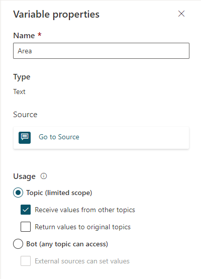 Screenshot of the authoring canvas showing the Variable properties pane with Receive values from other topics selected.