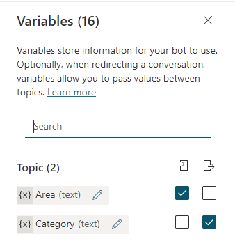 Screenshot of the authoring canvas showing the Variable pane with two variables and a combination of input and output selected.