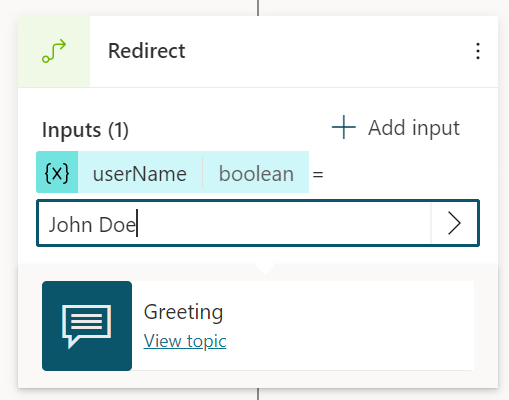 Screenshot showing a literal value as the input for a variable in a redirect node.