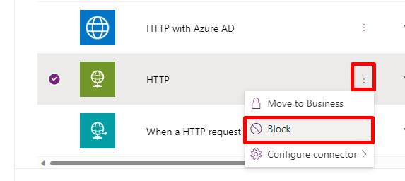 Screenshot of the Power Platform admin center showing the contextual menu for a connector available from the menu icon.