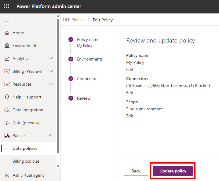 Screenshot of the review screen when creating a DLP policy 