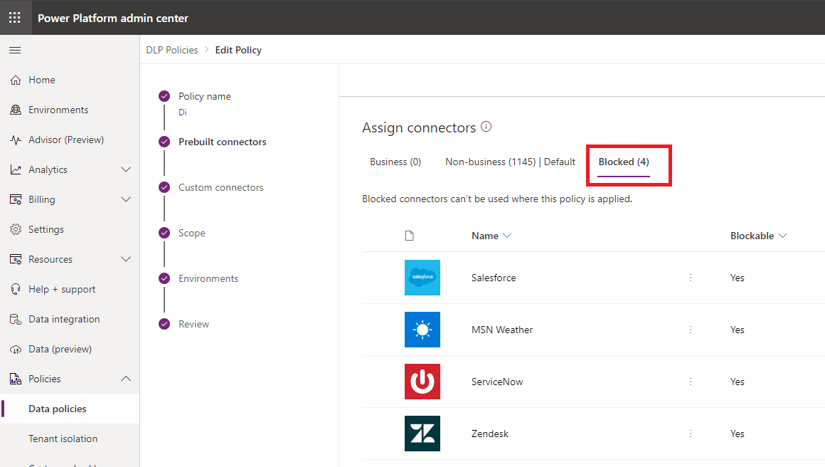 Screenshot of the Assign connectors page in Power Platform admin center.