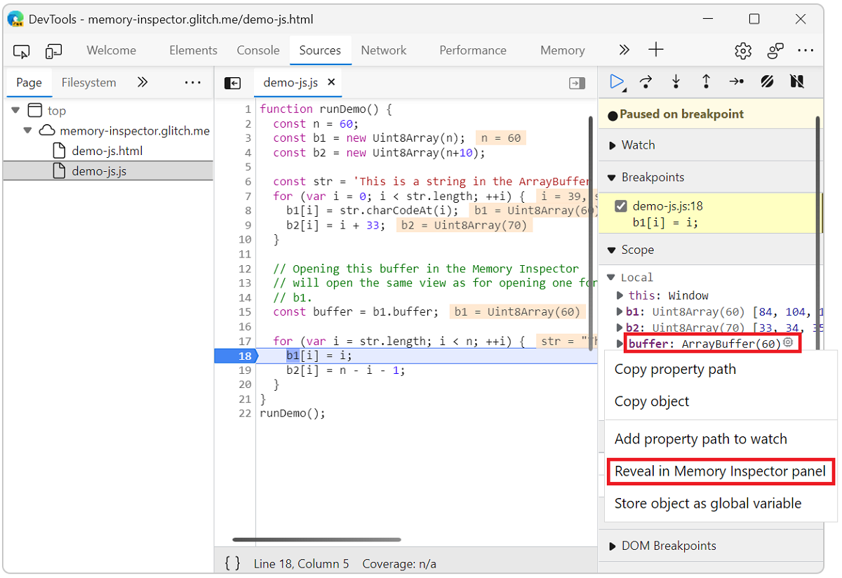 Open Memory inspector from the buffer property line context menu