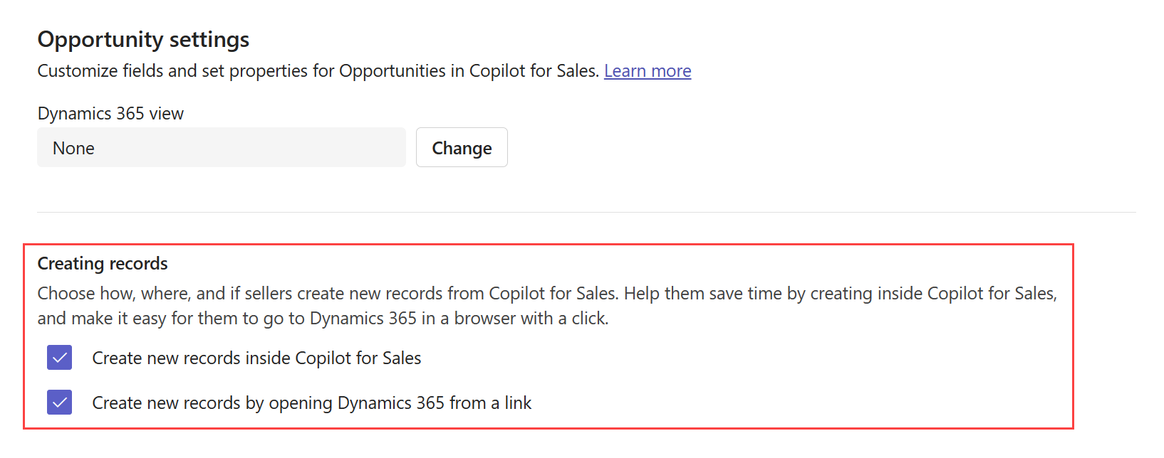 Screenshot showing how to configure contact creation in the Sales agent.