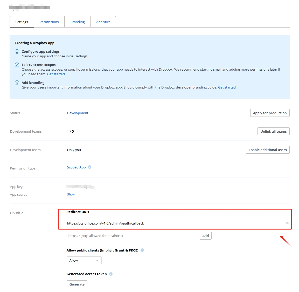 Screenshot of the Redirect URIs field.