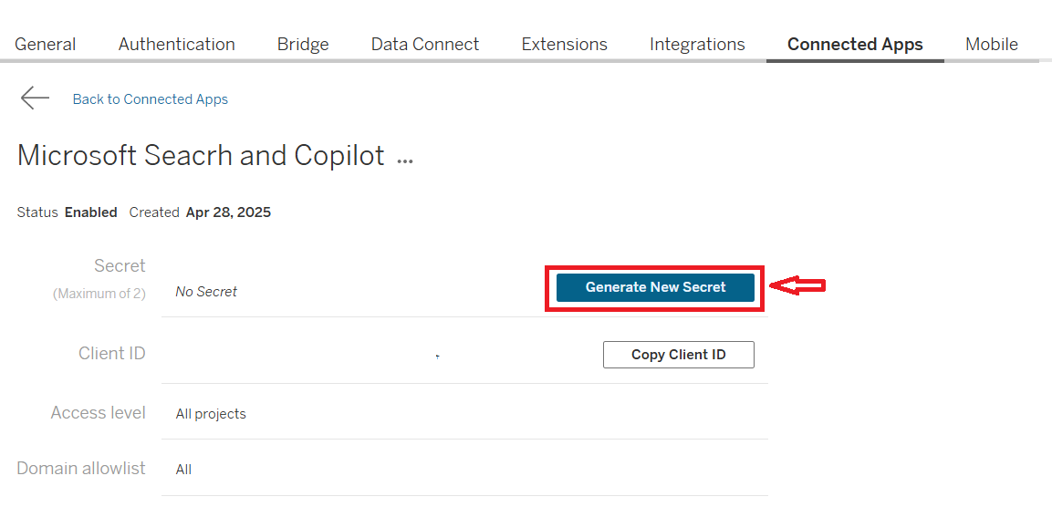 Screenshot that shows how to generate a secret for the Tableau App.