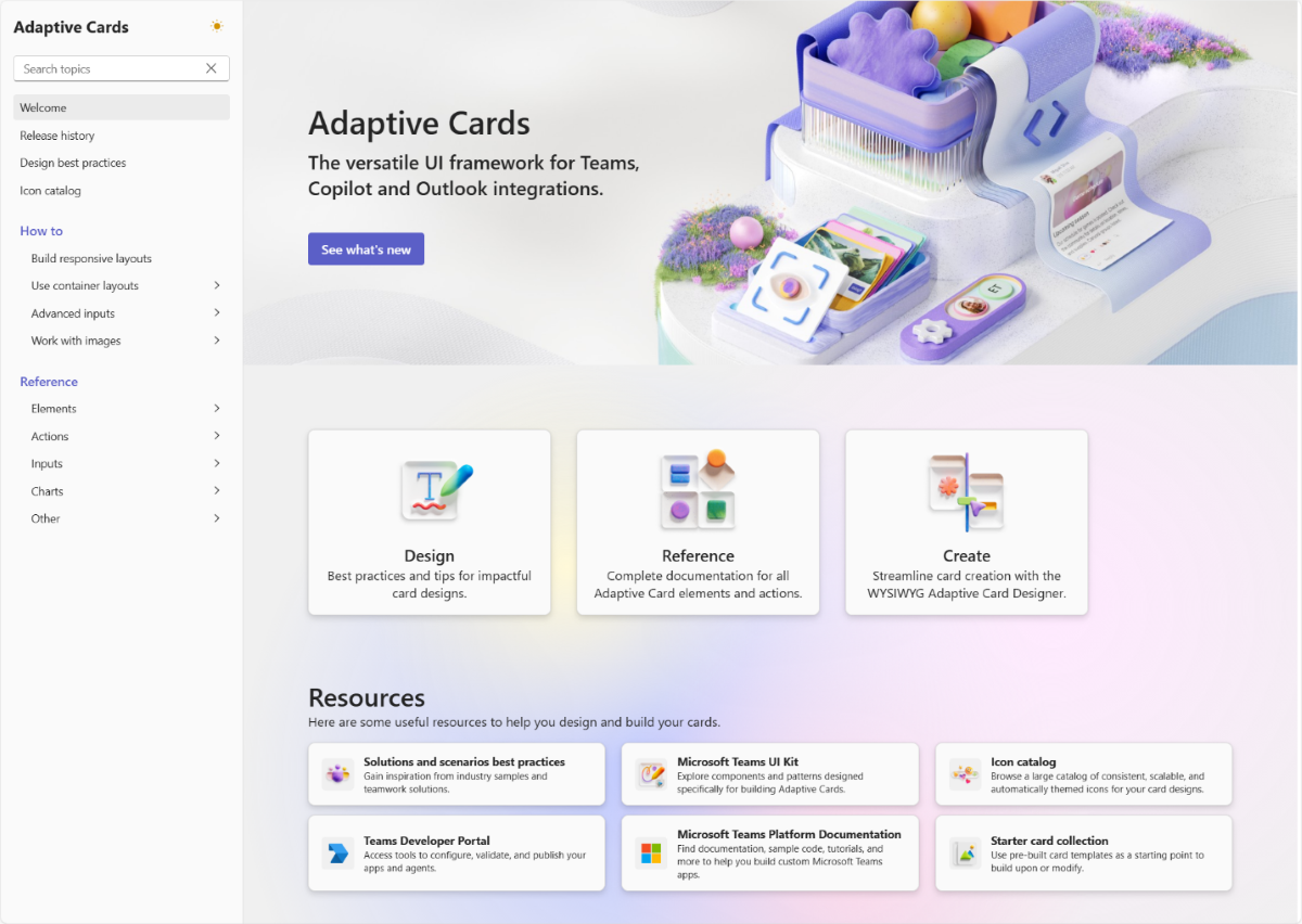 Screenshot shows the home page of the Microsoft Adaptive Cards website.